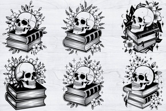 Book Pile with Skull Svg Bundle, Floral Review